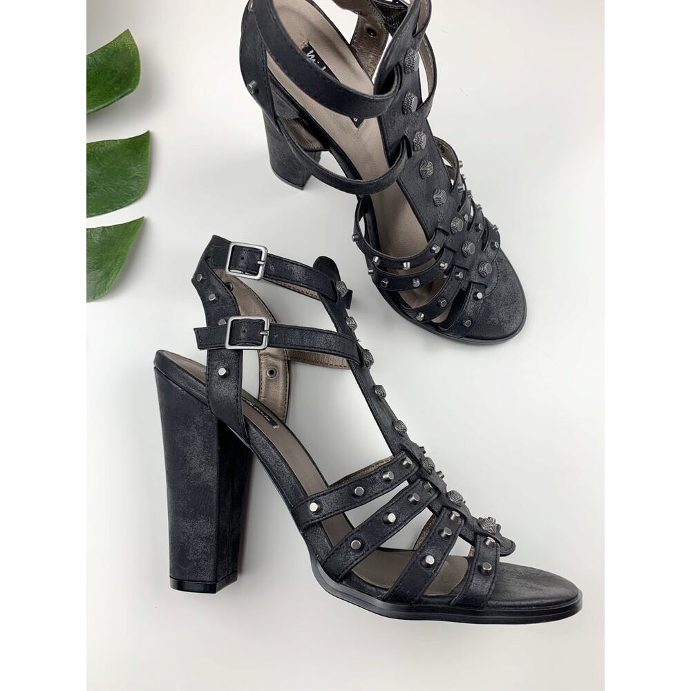 Michael Antonio Studded Black Sandals Caged Faux Leather High Heels Women's 10